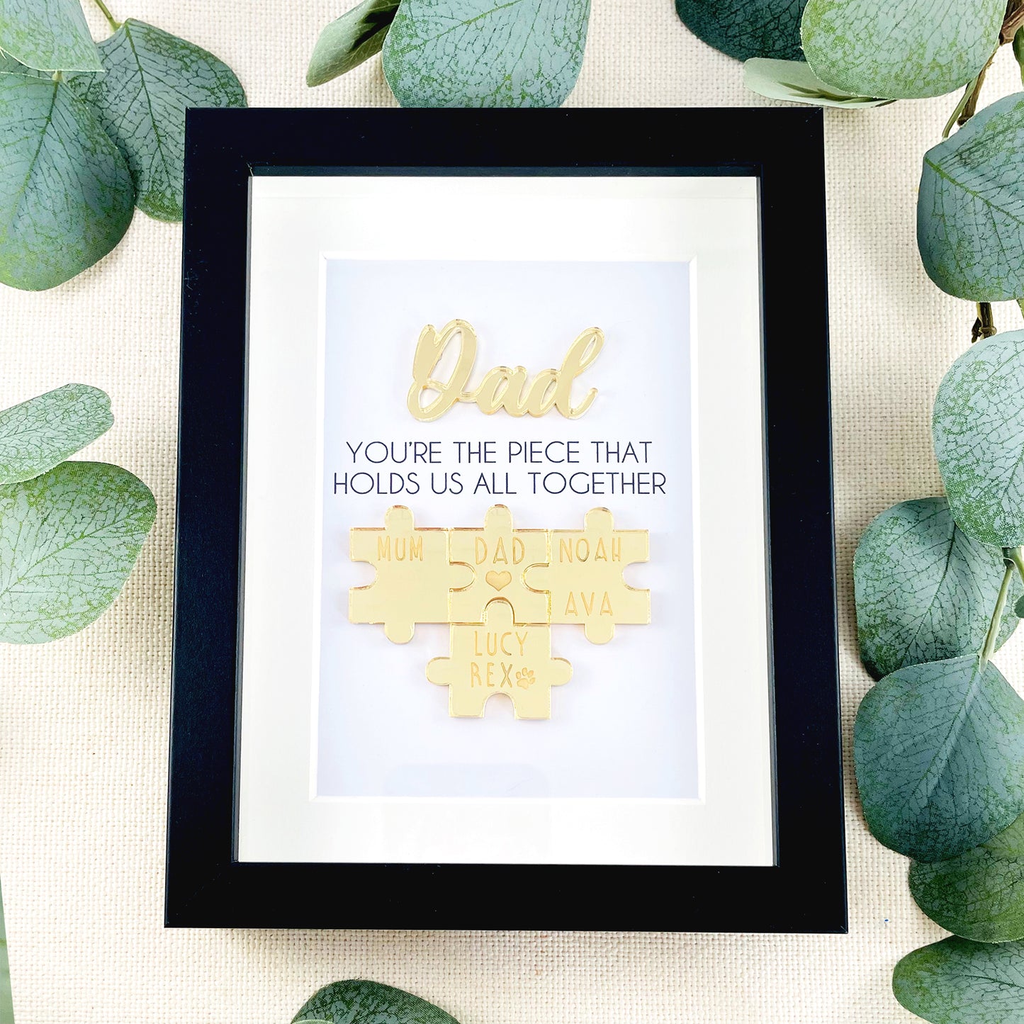 Personalised Dad Gold 'You're the Piece That Holds Us Together' Father's Day Puzzle Pieces Family Box Frame
