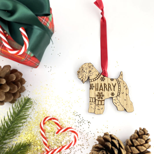 Personalised Soft Coated Wheaten Terrier Bauble Jumper Dog Bauble - Oak Veneer Wood - Add any name