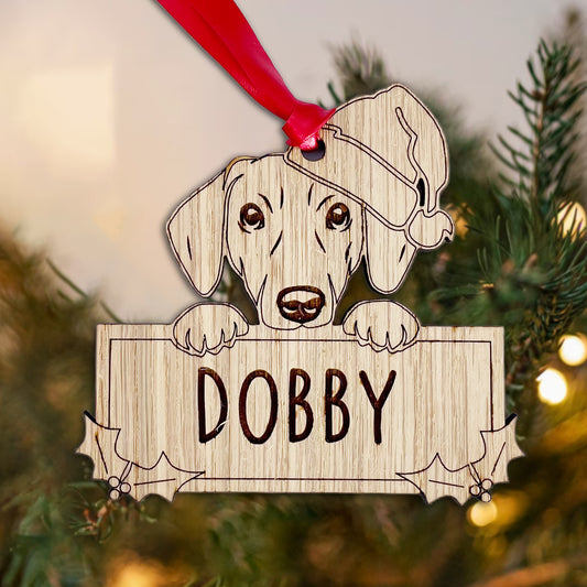 Personalised Dachshund Dog Bauble - Peeking Dog - Oak Veneer Wood - Add your own name!