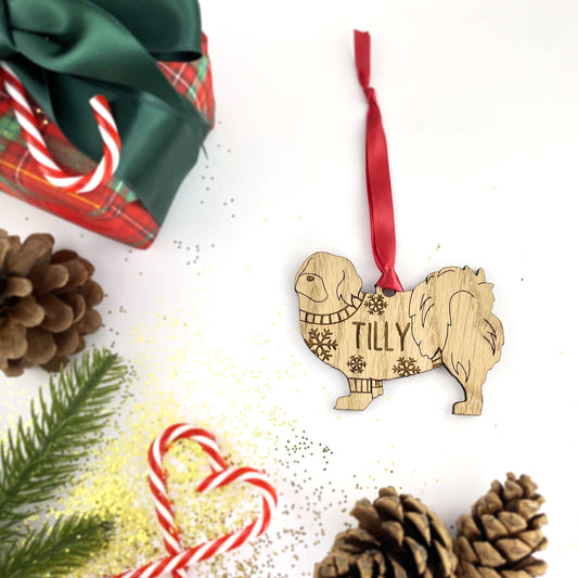 Personalised Tibetan Spaniel Bauble Jumper Dog Bauble - Oak Veneer Wood - Add any name