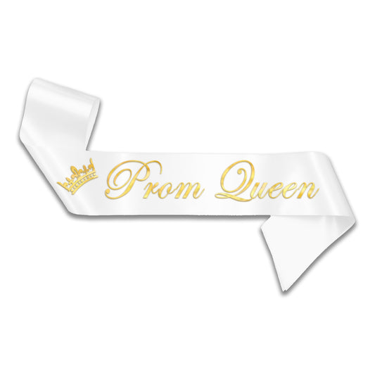 Luxury Prom Queen White with Gold Text Sash