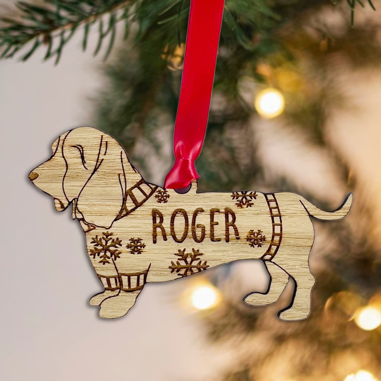 Personalised Basset Hound Bauble Jumper Dog Bauble - Oak Veneer Wood - Add any name