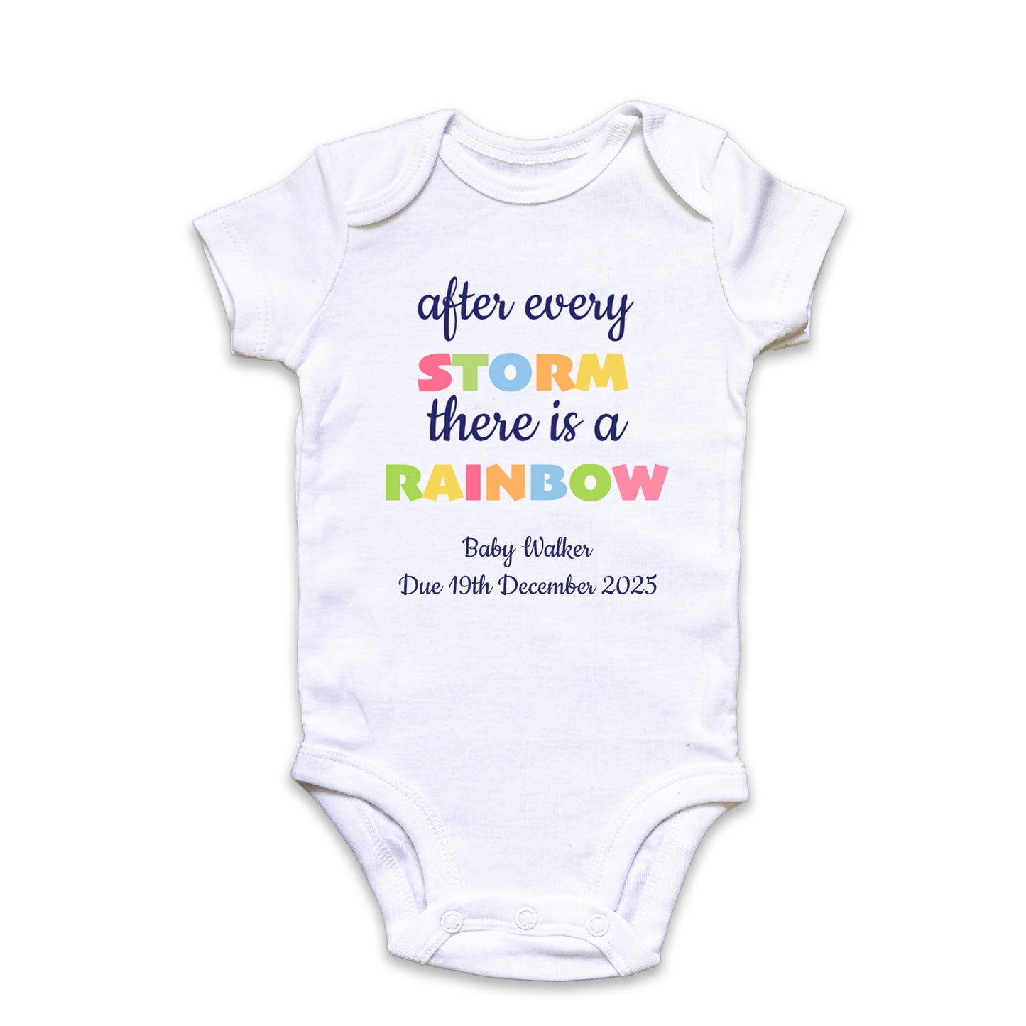 Personalised 'After Every Storm, There Is A Rainbow' Baby Announcement Baby Grow Vest Add any Name and Date - First Outfit - Rainbow Baby