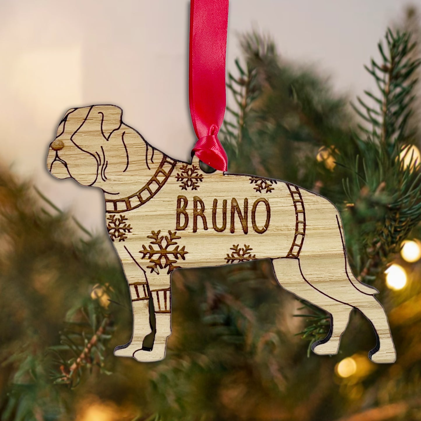 Personalised American Bulldog Bauble Jumper Dog Bauble - Oak Veneer Wood - Add any name