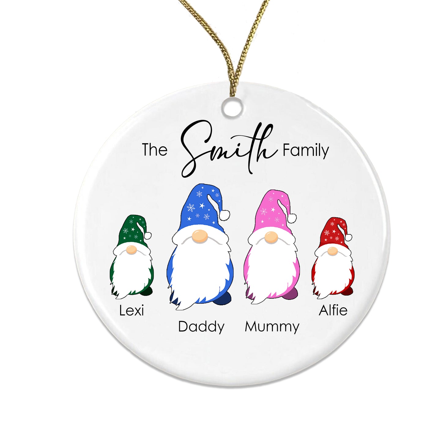 Personalised Gonk Family Christmas Bauble Cermic - 2 Children Names + Surname Gift Boxed
