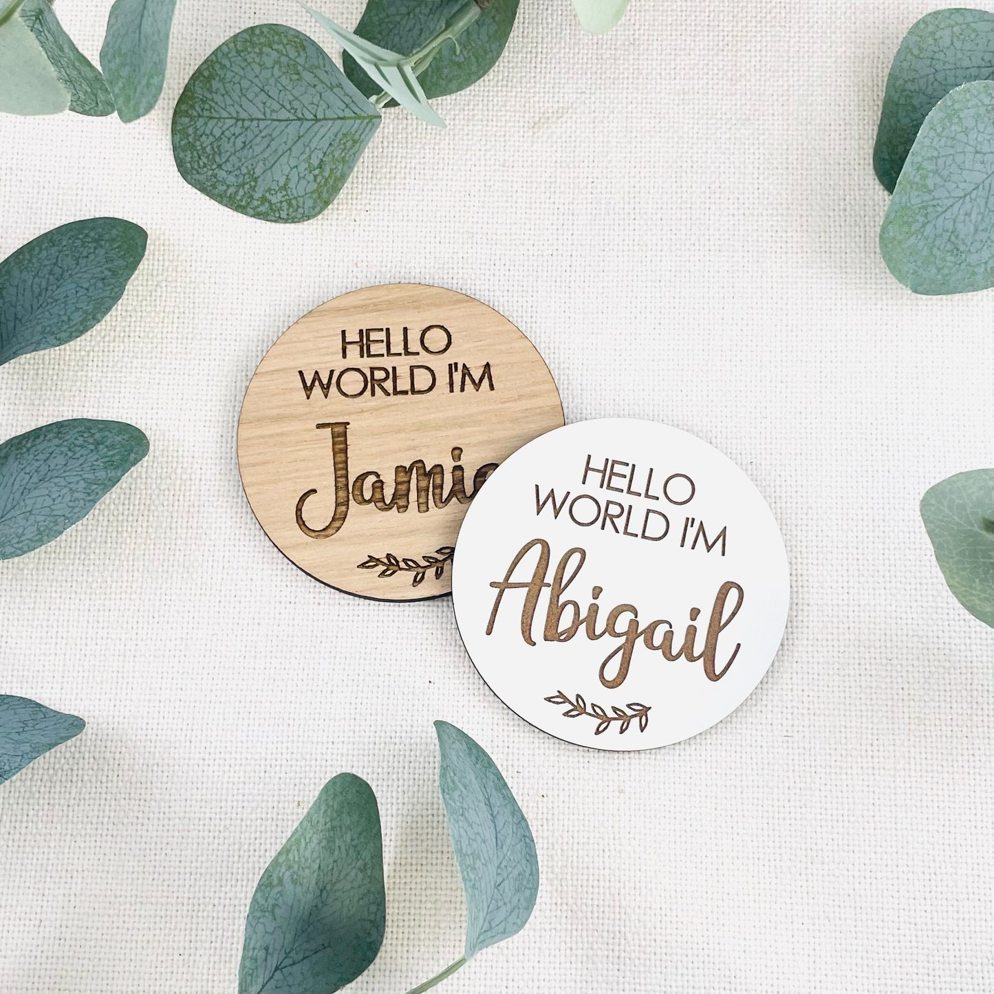 Personalised 'Hello World I'm Name' Disk | Sustainable Wooden Oak | Pregnancy Announcement Disk Baby Arrival Shower - Add Any Name!