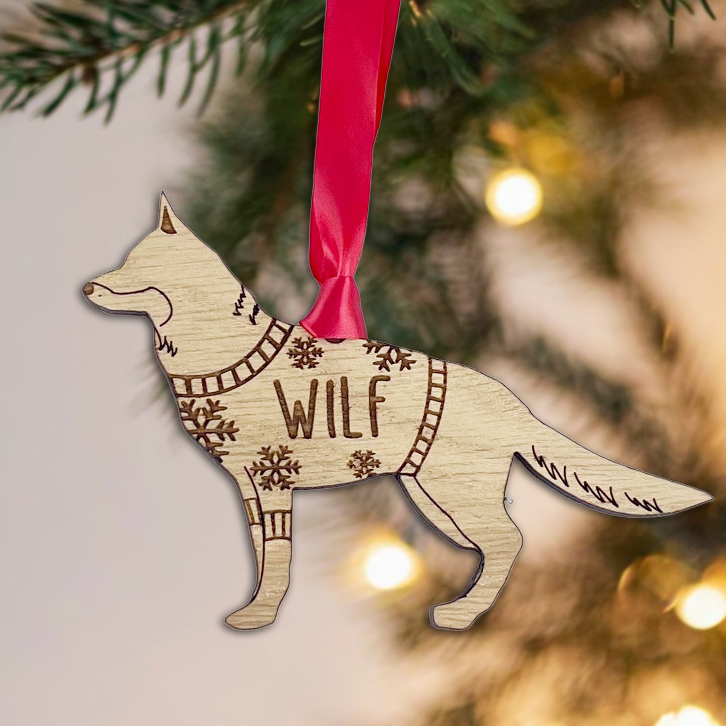 Personalised German Shepherd Bauble Jumper Dog Bauble - Oak Veneer Wood - Add any name