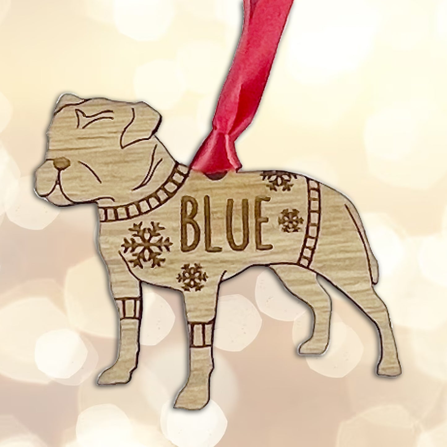 Personalised Staffy Bauble Jumper Dog Bauble - Oak Veneer Wood - Add any name