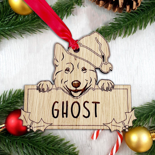 Personalised Husky Dog Bauble - Peeking Dog - Oak Veneer Wood - Add your own name!