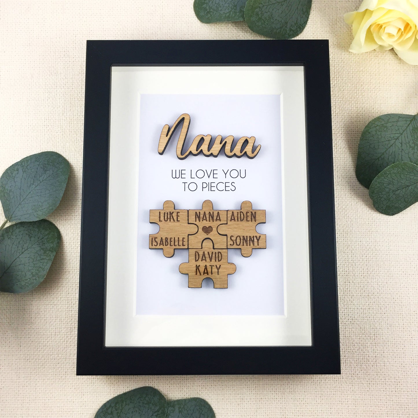 Personalised Grandma / Nana 'We Love You To Pieces' Wooden Mothers Day Christmas Birthday Puzzle Pieces Family Box Frame Add family names