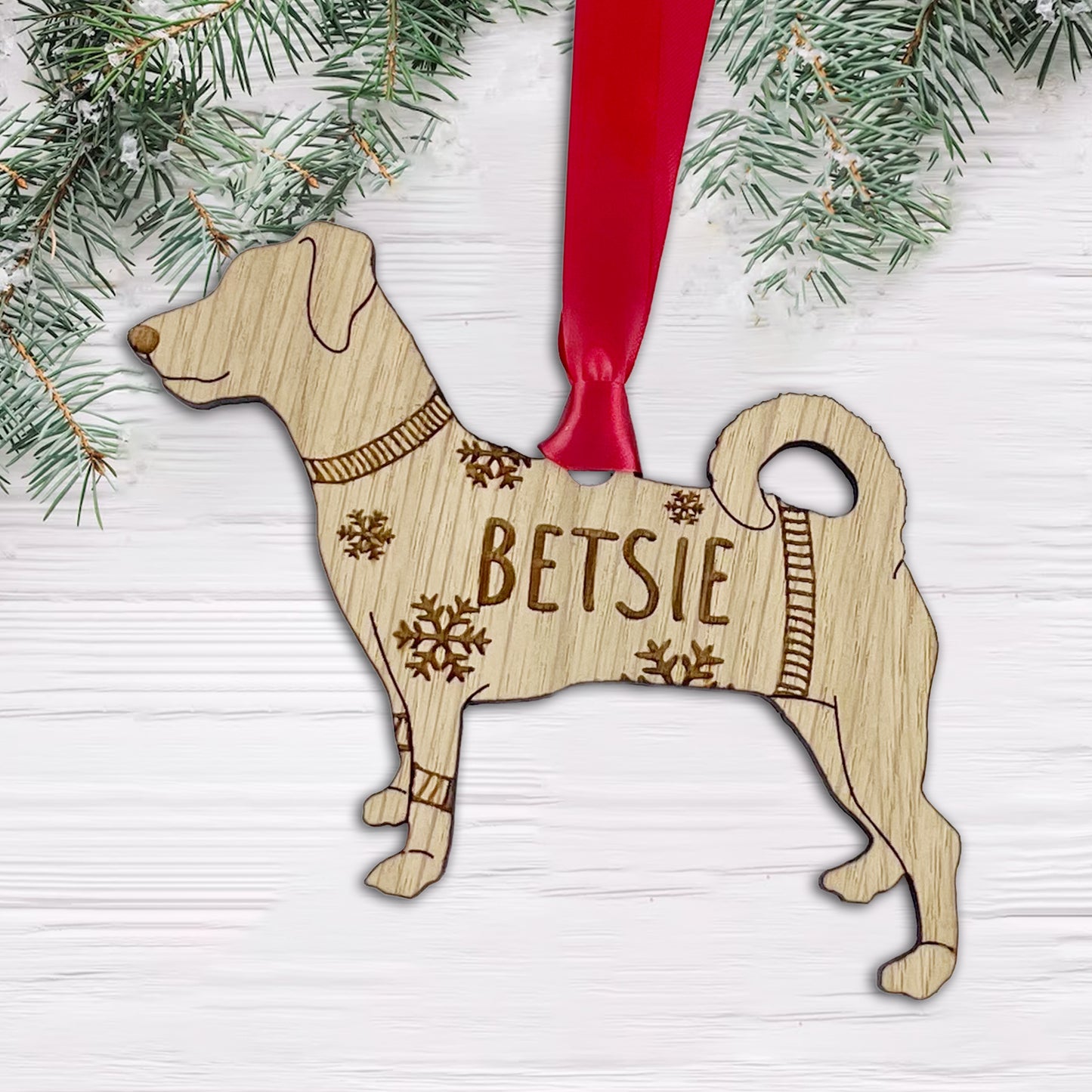 Personalised Jack Russell Bauble Jumper Dog Bauble - Oak Veneer Wood - Add any name