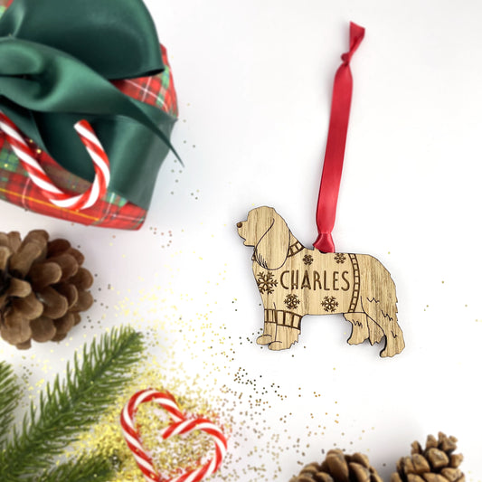 Personalised Cavalier Bauble Jumper Dog Bauble - Oak Veneer Wood - Add any name