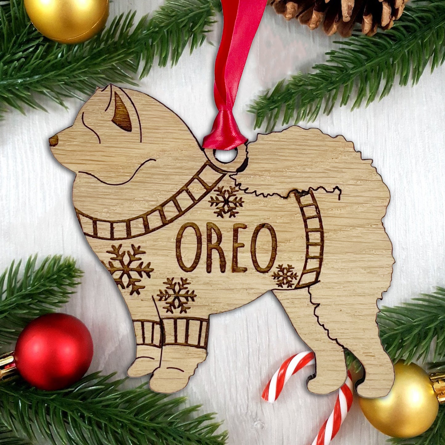 Personalised Chow Chow Bauble Jumper Dog Bauble - Oak Veneer Wood - Add any name