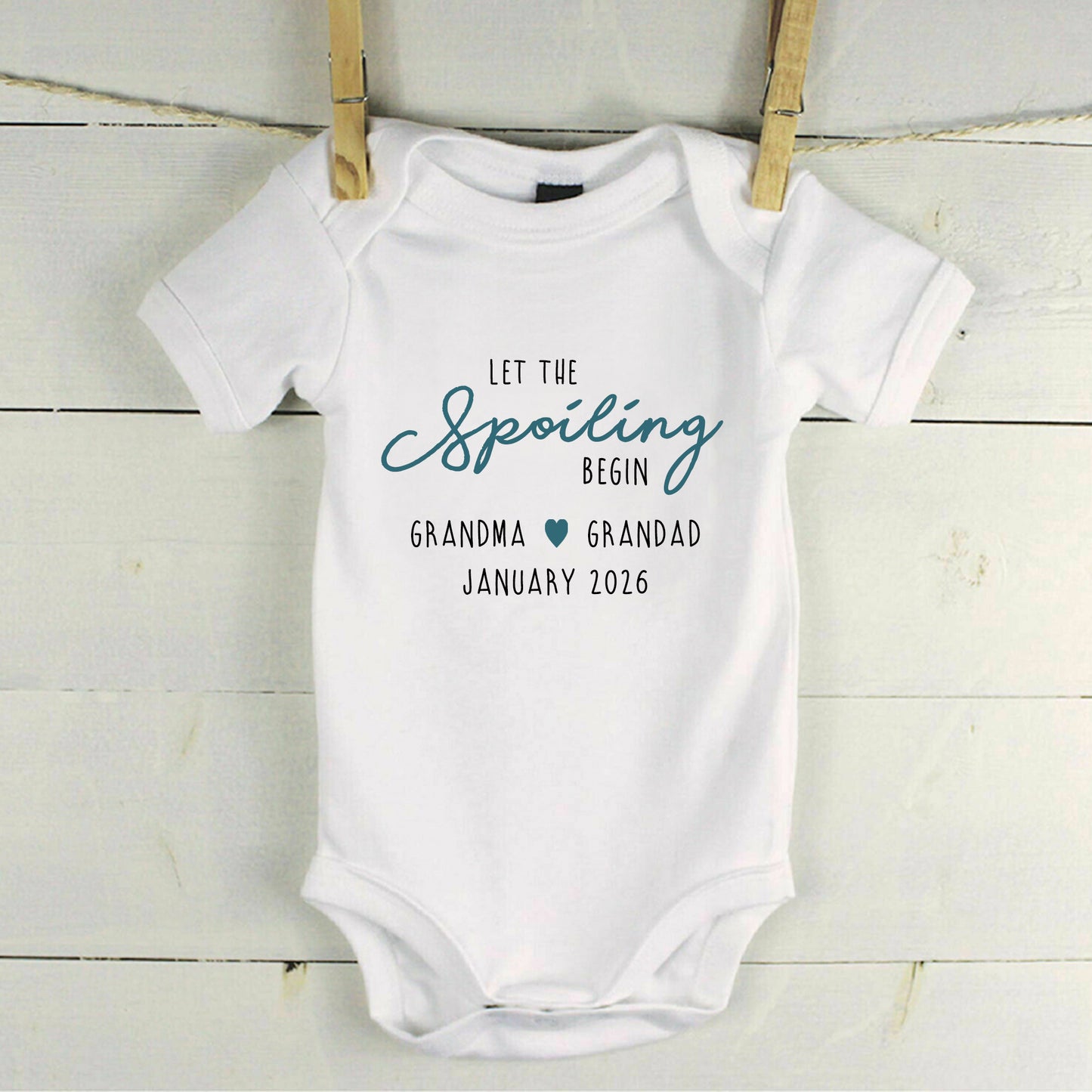 Personalised 'Let The Spoiling Begin' Baby Announcement Baby Grow Vest Add any Name and Date - First Outfit - Baby Shower - New Baby