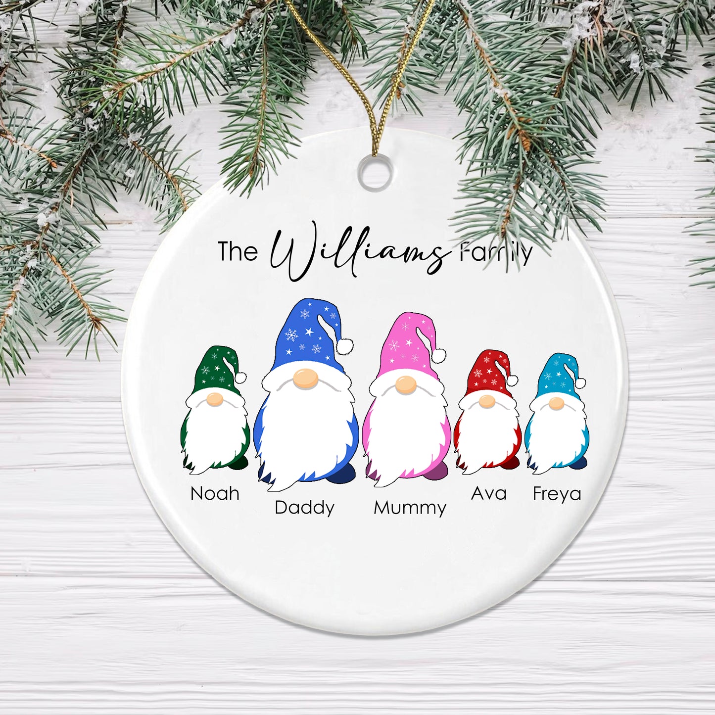 Personalised Gonk Family Christmas Bauble Ceramic - 3 Children Names + Surname