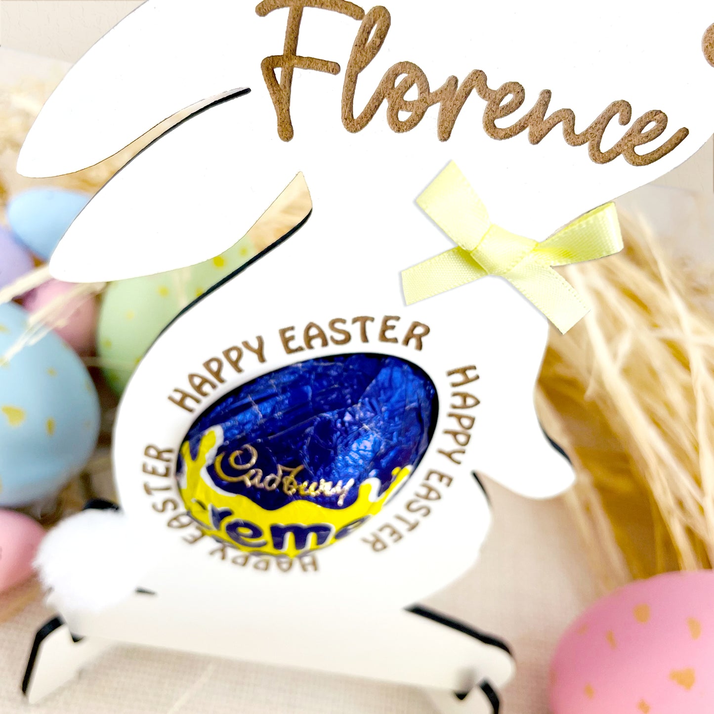 Personalised Easter Bunny White Wood Egg Holder with Easter Egg Display Stand