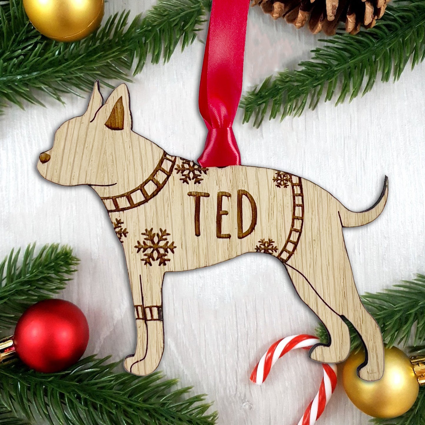 Personalised Boston Terrier Bauble Jumper Dog Bauble - Oak Veneer Wood - Add any name