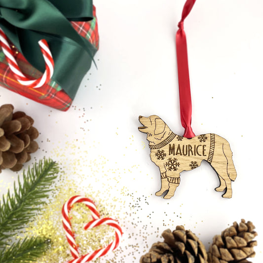 Personalised Leonberger Bauble Jumper Dog Bauble - Oak Veneer Wood - Add any name