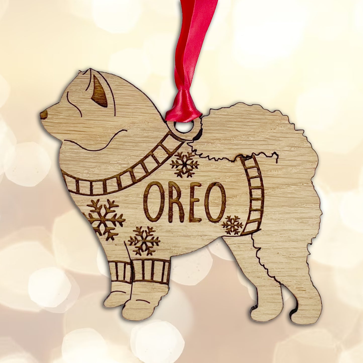 Personalised Chow Chow Bauble Jumper Dog Bauble - Oak Veneer Wood - Add any name