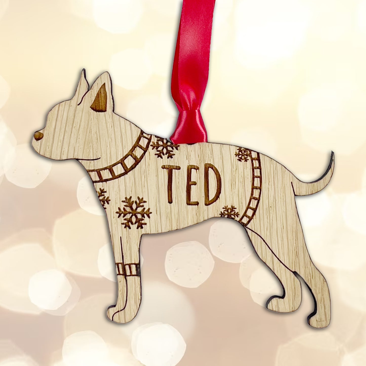 Personalised Boston Terrier Bauble Jumper Dog Bauble - Oak Veneer Wood - Add any name