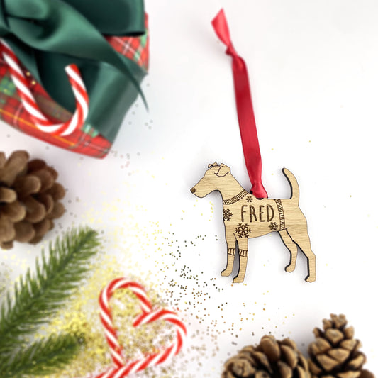 Personalised Fox Terrier Bauble Jumper Dog Bauble - Oak Veneer Wood - Add any name
