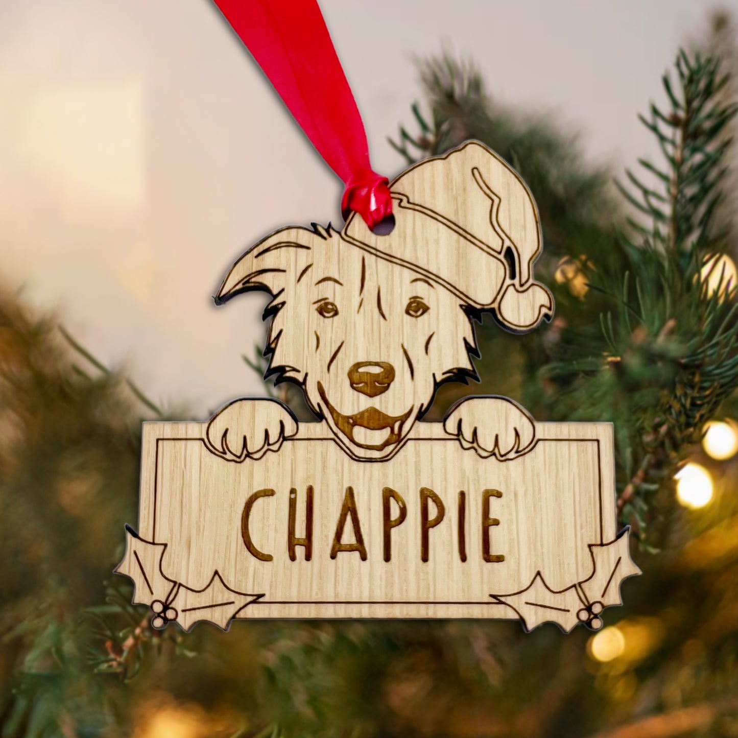 Personalised Border Collie Dog Bauble - Peeking Dog - Oak Veneer Wood - Add your own name!