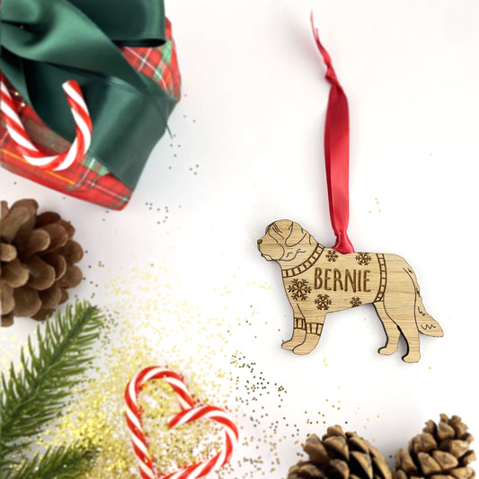 Personalised St Bernard Bauble Jumper Dog Bauble - Oak Veneer Wood - Add any name