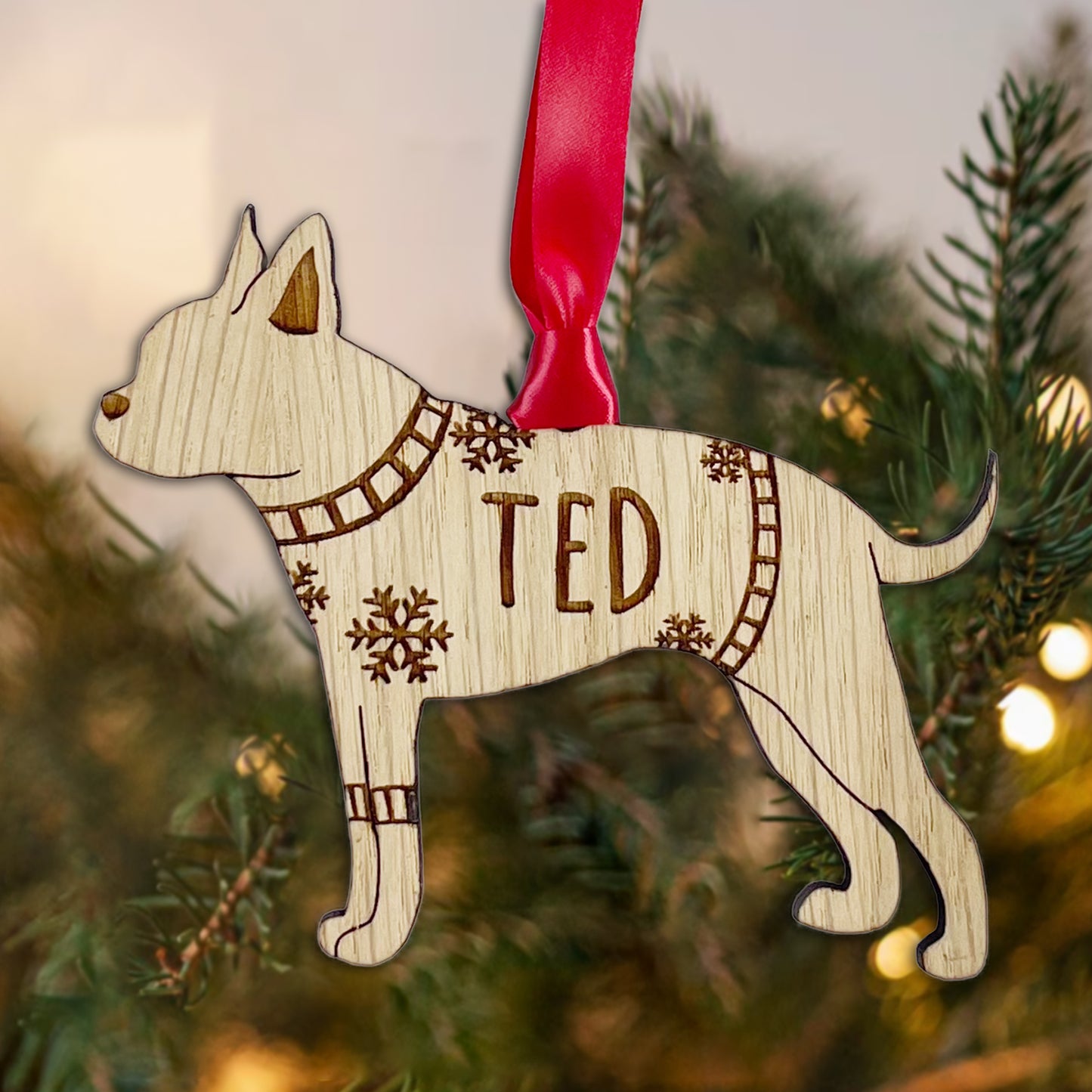 Personalised Boston Terrier Bauble Jumper Dog Bauble - Oak Veneer Wood - Add any name