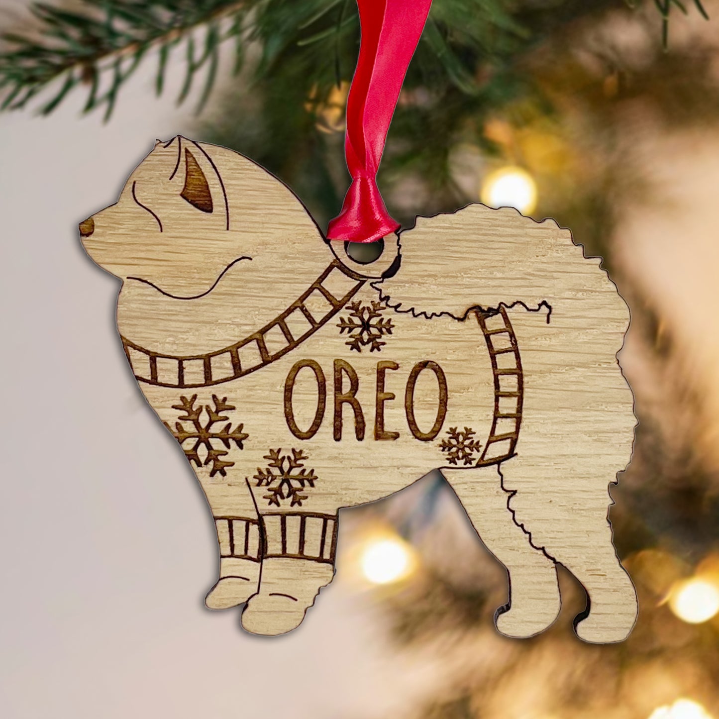 Personalised Chow Chow Bauble Jumper Dog Bauble - Oak Veneer Wood - Add any name