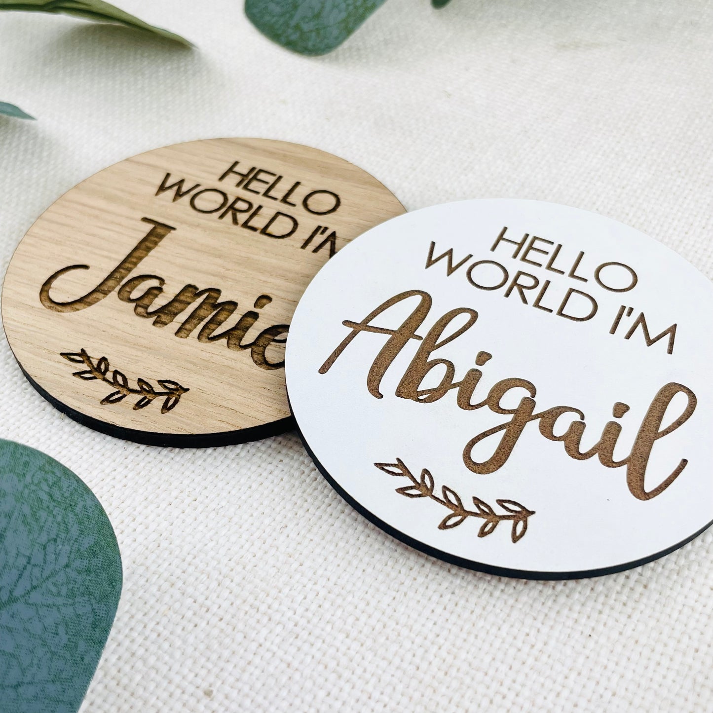 Personalised 'Hello World I'm Name' Disk | Sustainable Wooden Oak | Pregnancy Announcement Disk Baby Arrival Shower - Add Any Name!