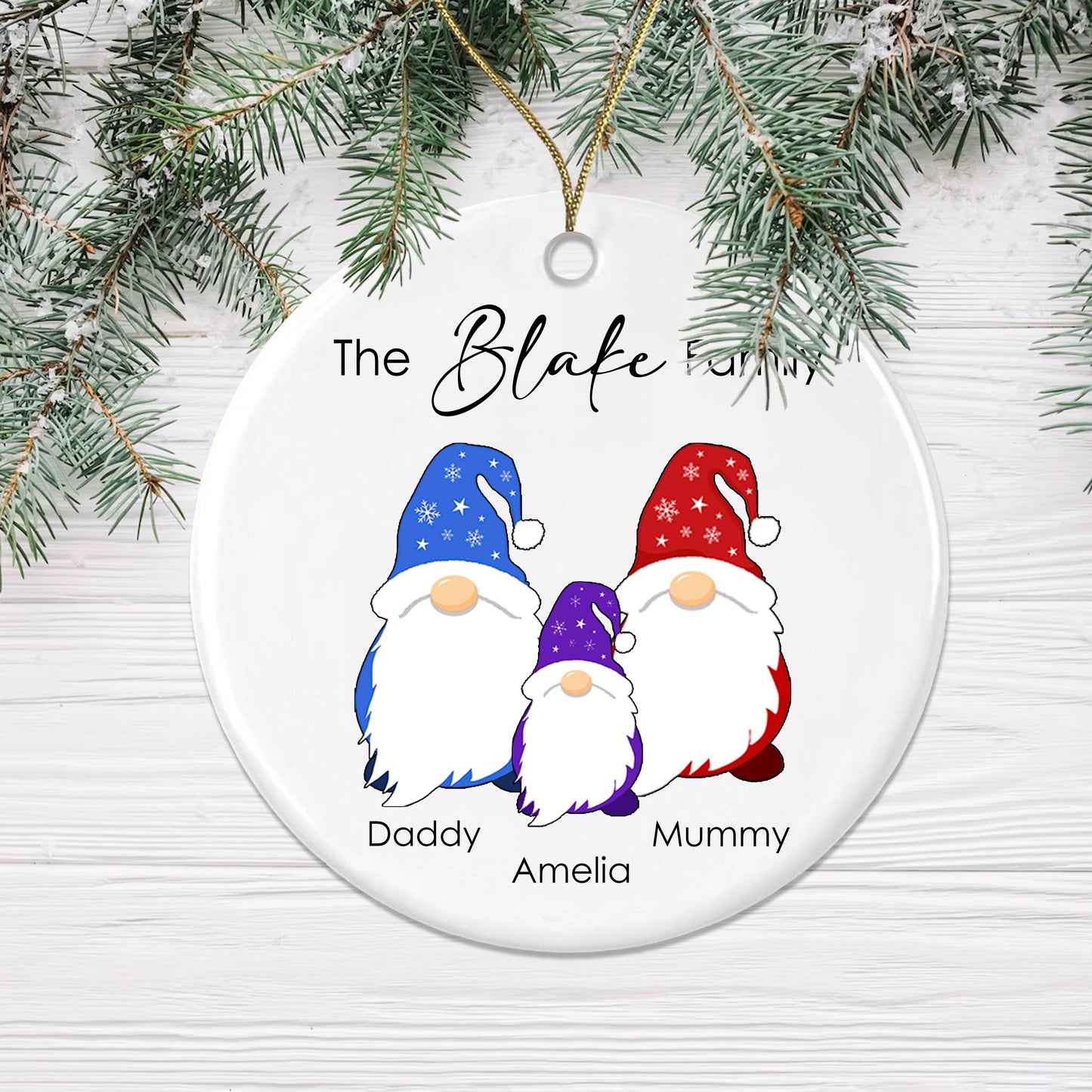 Personalised Gonk Family Christmas Bauble Ceramic - 1 Childs Name + Surname Gift Boxed