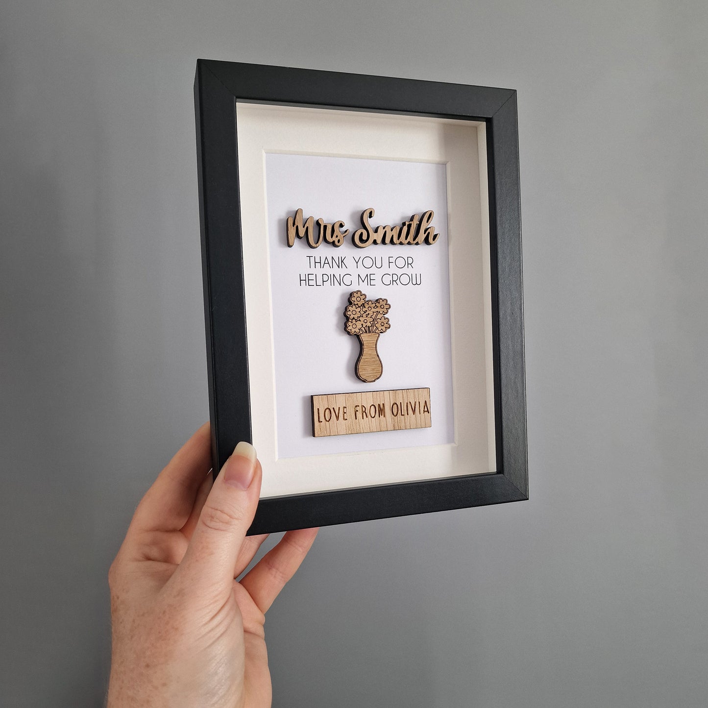 Personalised Teacher Thank You Frame, Wooden Box Frame with Custom Names, Thank You For Helping Me Grow, End of School Teacher's Day
