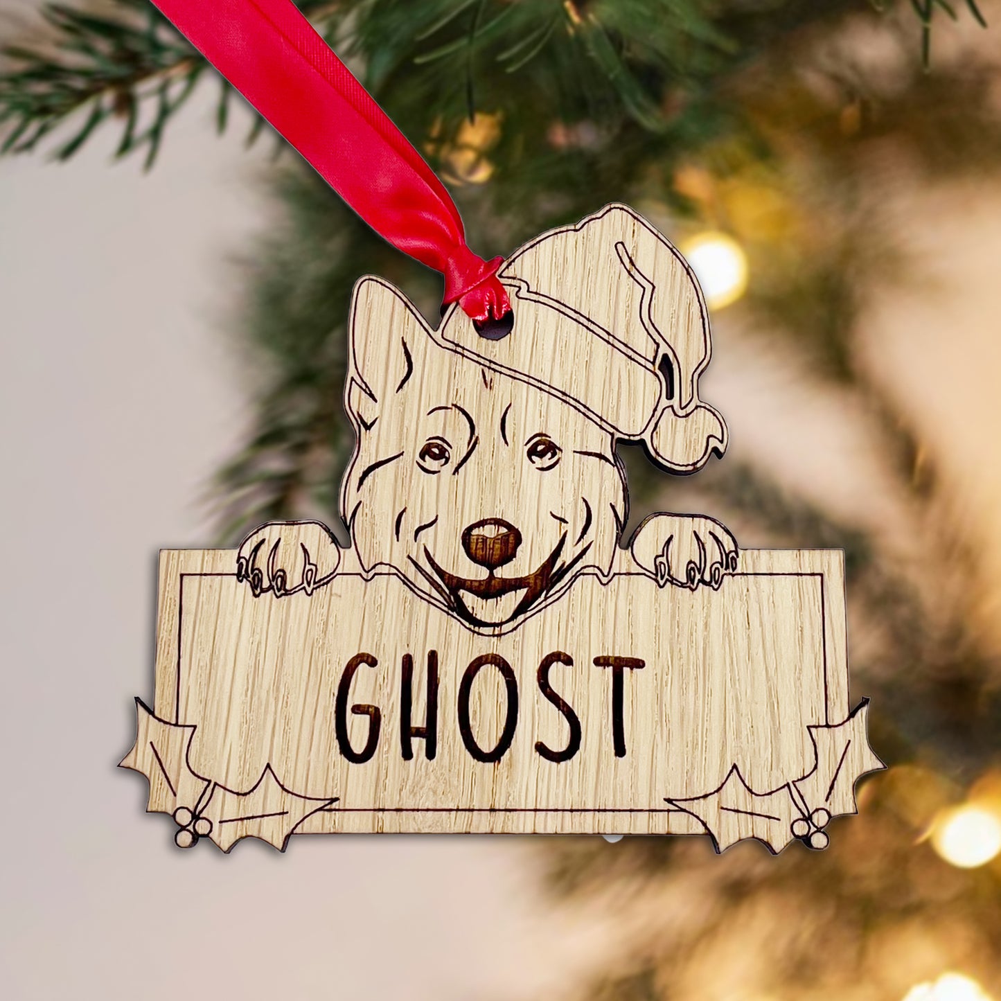 Personalised Husky Dog Bauble - Peeking Dog - Oak Veneer Wood - Add your own name!