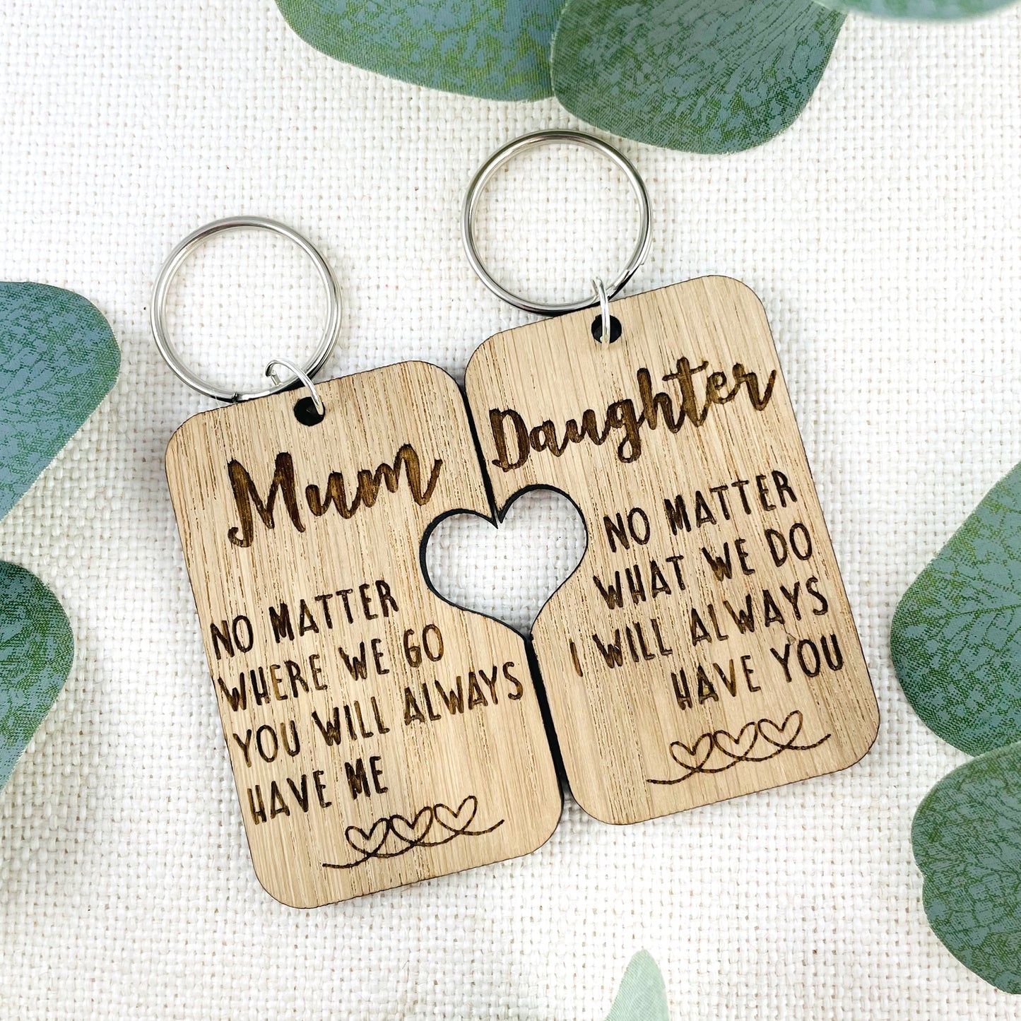 Mum & Daughter Keyring Wooden Oak Veneer - Heart Cut Out - Mothers Day Gift