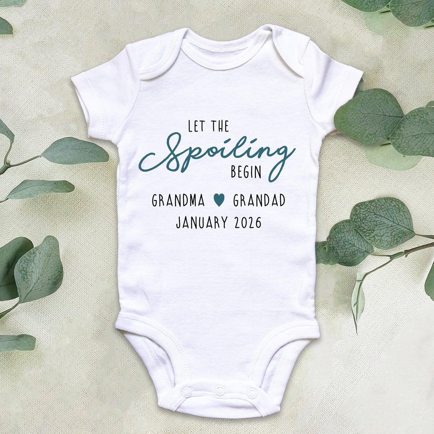 Personalised 'Let The Spoiling Begin' Baby Announcement Baby Grow Vest Add any Name and Date - First Outfit - Baby Shower - New Baby