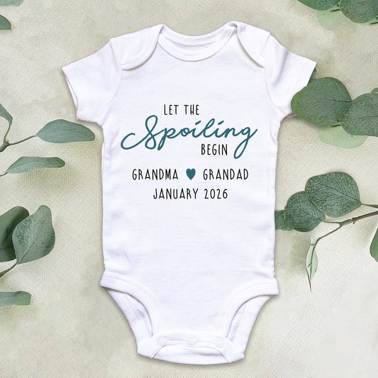 Personalised 'Let The Spoiling Begin' Baby Announcement Baby Grow Vest Add any Name and Date - First Outfit - Baby Shower - New Baby