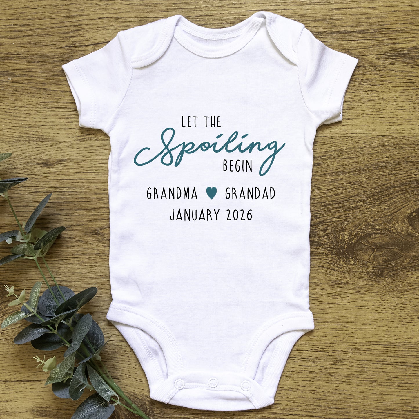 Personalised 'Let The Spoiling Begin' Baby Announcement Baby Grow Vest Add any Name and Date - First Outfit - Baby Shower - New Baby