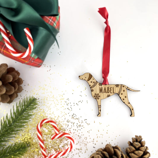Personalised Dalmation Bauble Jumper Dog Bauble - Oak Veneer Wood - Add any name