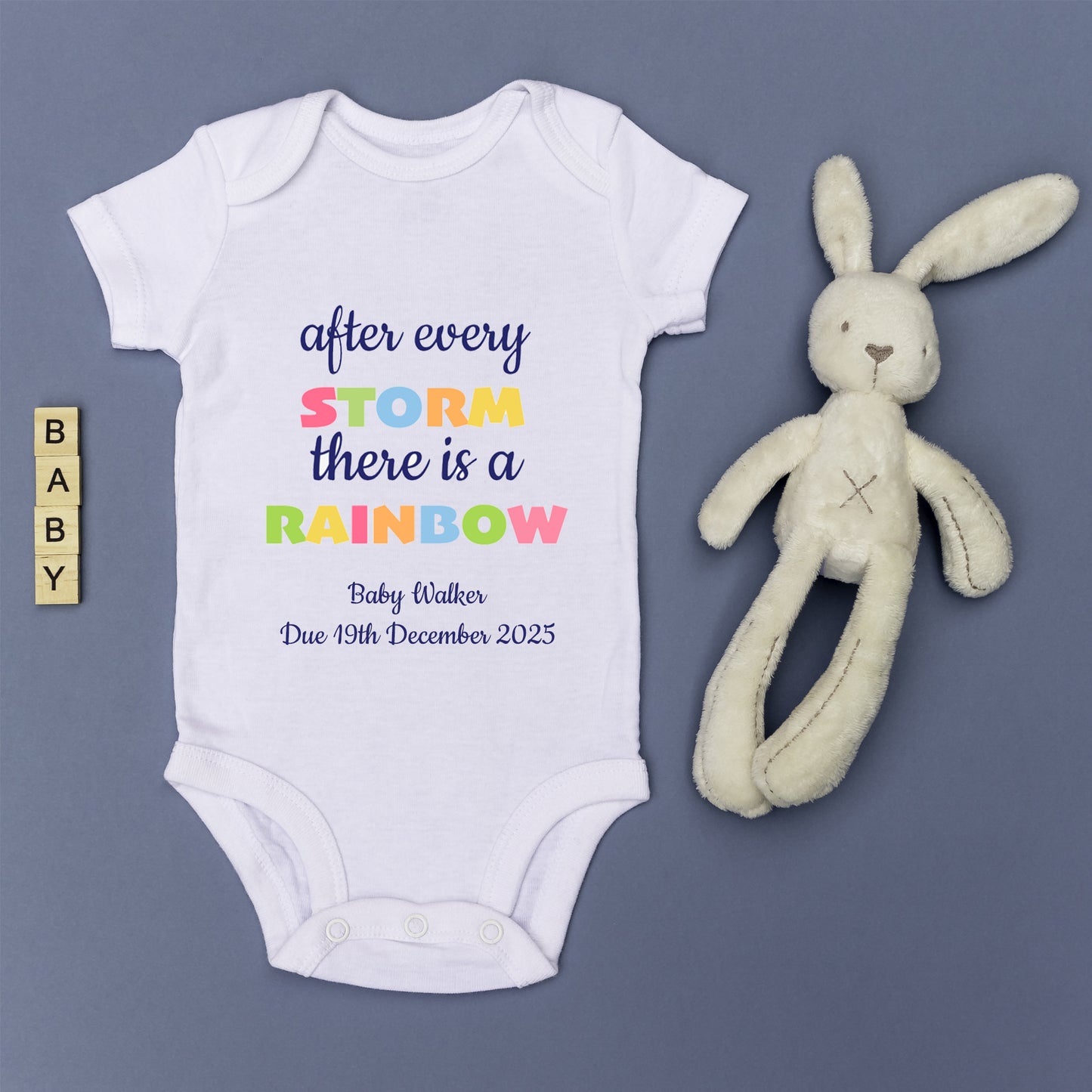 Personalised 'After Every Storm, There Is A Rainbow' Baby Announcement Baby Grow Vest Add any Name and Date - First Outfit - Rainbow Baby