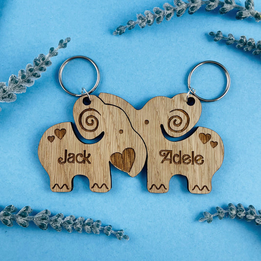 Personalised Elephant Keyrings - Add Names - Set of 2 - Valentines, Birthday, Anniversary