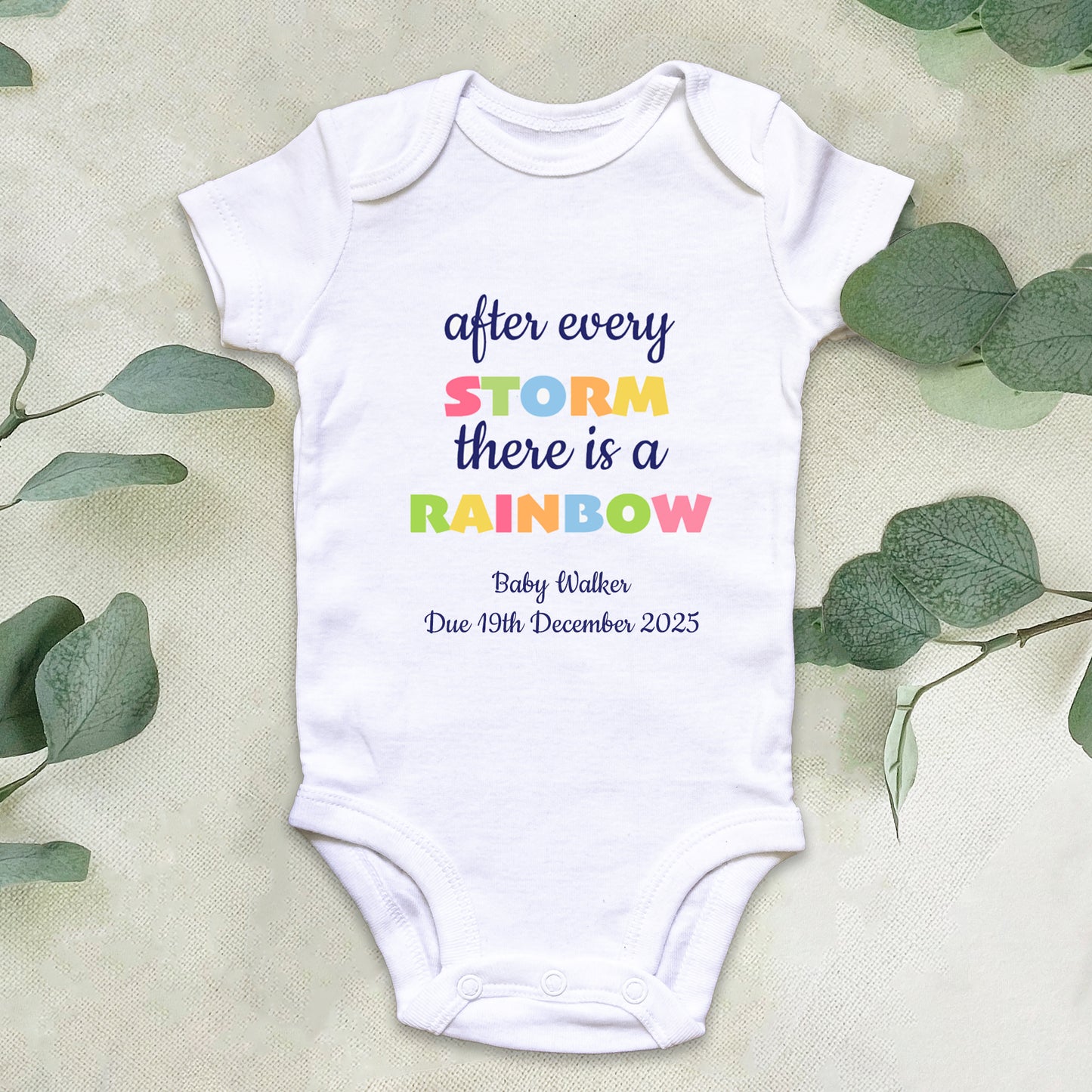 Personalised 'After Every Storm, There Is A Rainbow' Baby Announcement Baby Grow Vest Add any Name and Date - First Outfit - Rainbow Baby