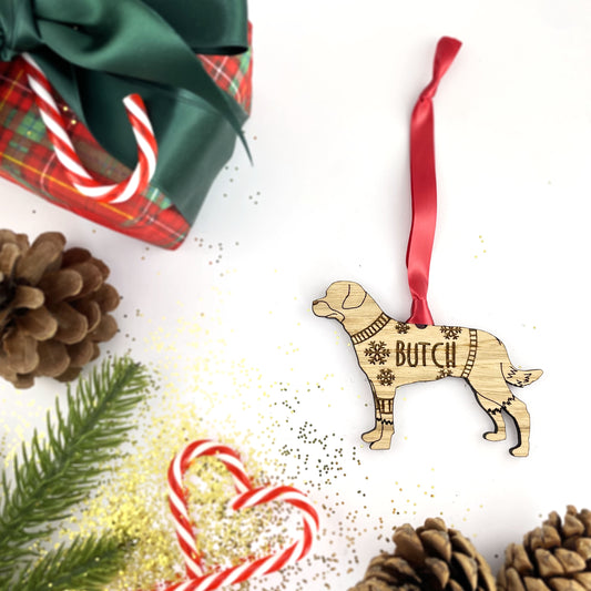Personalised Rottweiler Bauble Jumper Dog Bauble - Oak Veneer Wood - Add any name