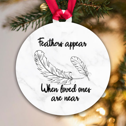 Acrylic Bauble - Feathers appear when loved ones are near - White marble