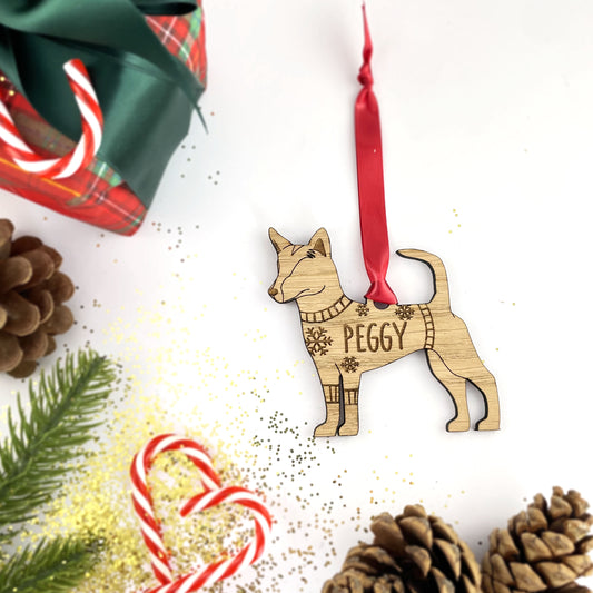 Personalised Portuguese Podengo Bauble Jumper Dog Bauble - Oak Veneer Wood - Add any name