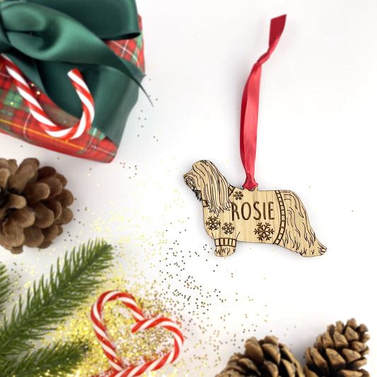 Personalised Bearded Collie Bauble Jumper Dog Bauble - Oak Veneer Wood - Add any name