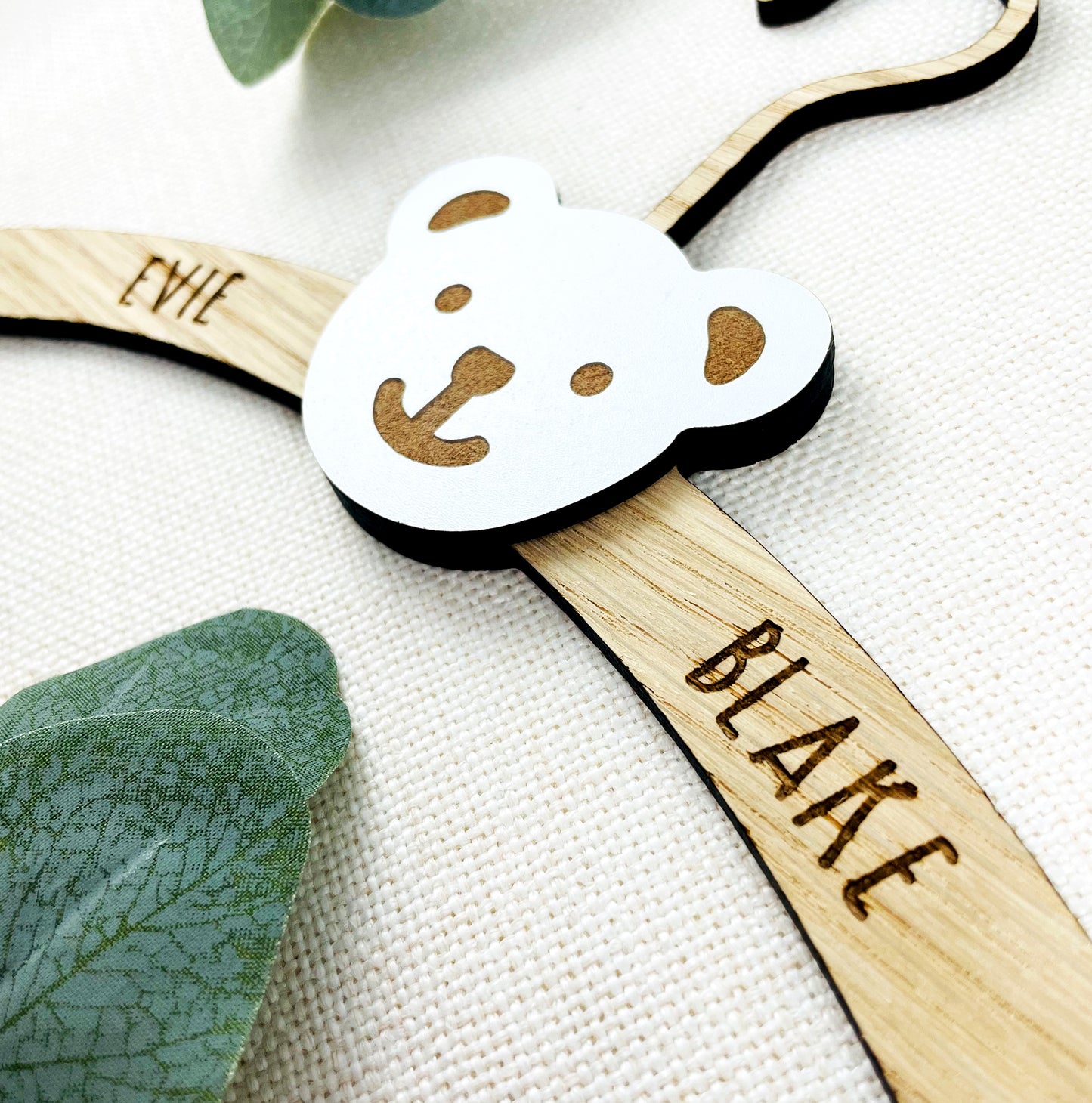 Personalised New Baby Clothes Hanger Wooden Hanger with Bear Face - Oak Wood