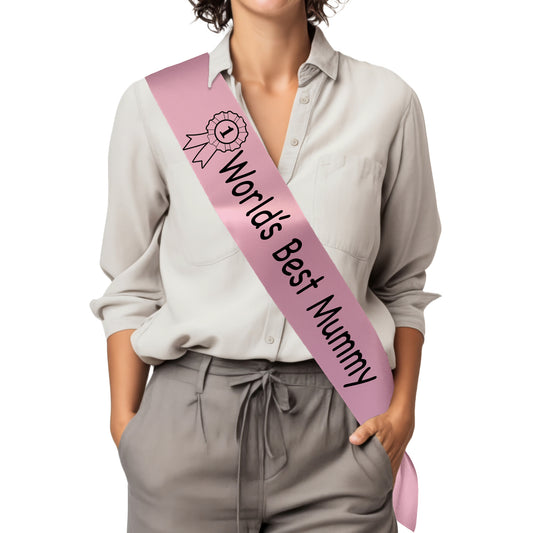 World's Best Mummy Sash with Rosette Design - Baby Pink Satin Ribbon