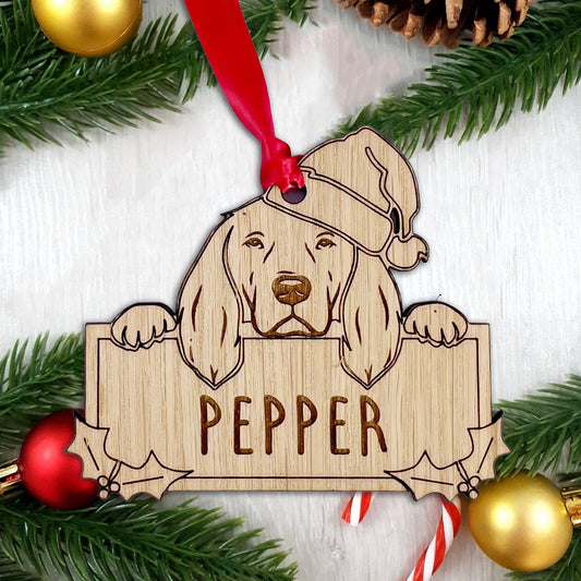 Personalised Springer Spaniel Dog Bauble - Peeking Dog - Oak Veneer Wood - Add your own name!