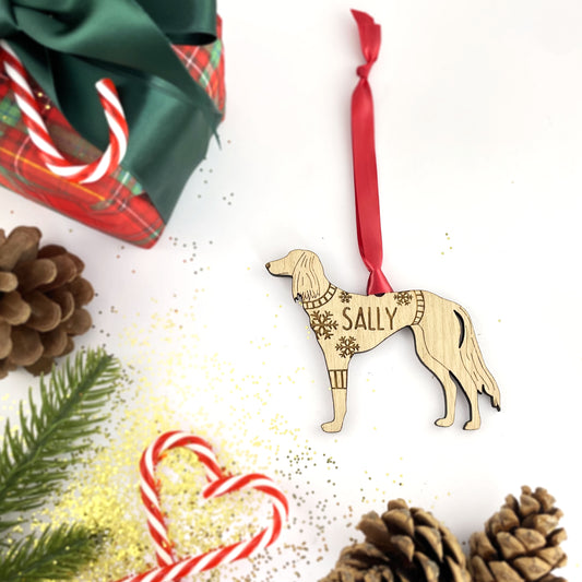 Personalised Saluki Bauble Jumper Dog Bauble - Oak Veneer Wood - Add any name