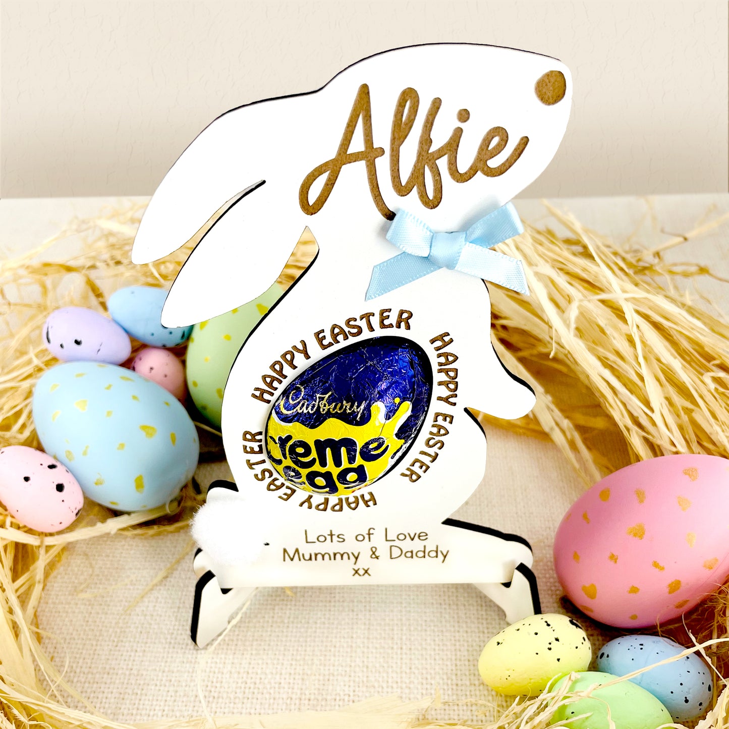 Personalised Easter Bunny White Wood Egg Holder with Easter Egg Display Stand